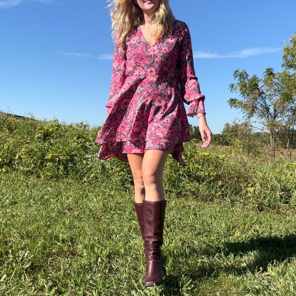 Lush Floral Long Sleeve Mini Dress Size M Pink Ruffle V-Neck Cottagecore Boho
